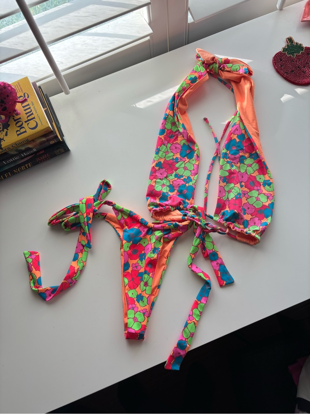 Frankie’s Bikinis Diana Halter Bikini Top and Skimpy Side Tie Bottoms in Groovy